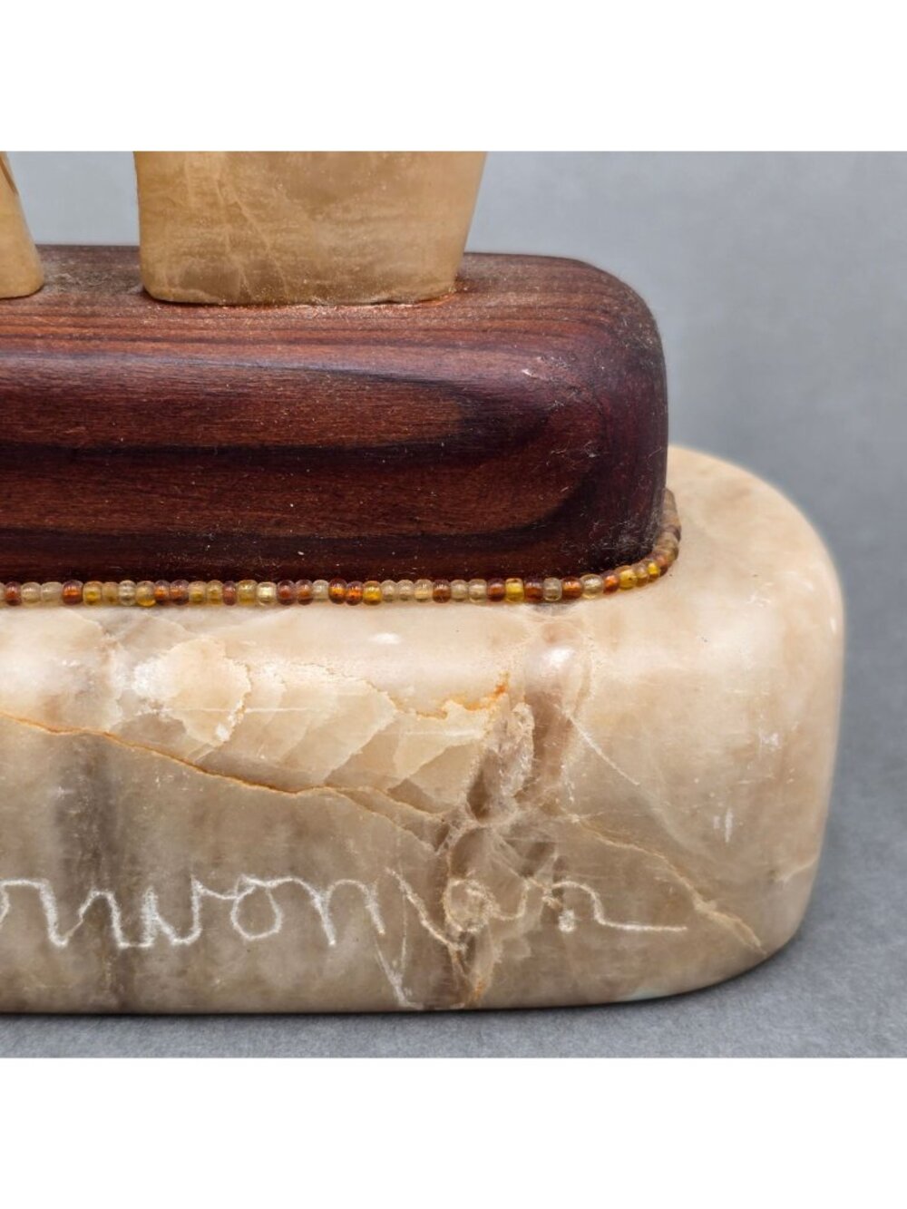 Alabaster Bear Fetish Carving Wood Base Signed Riverwoman Numbered 4011 7" READ - Picture 3 of 16